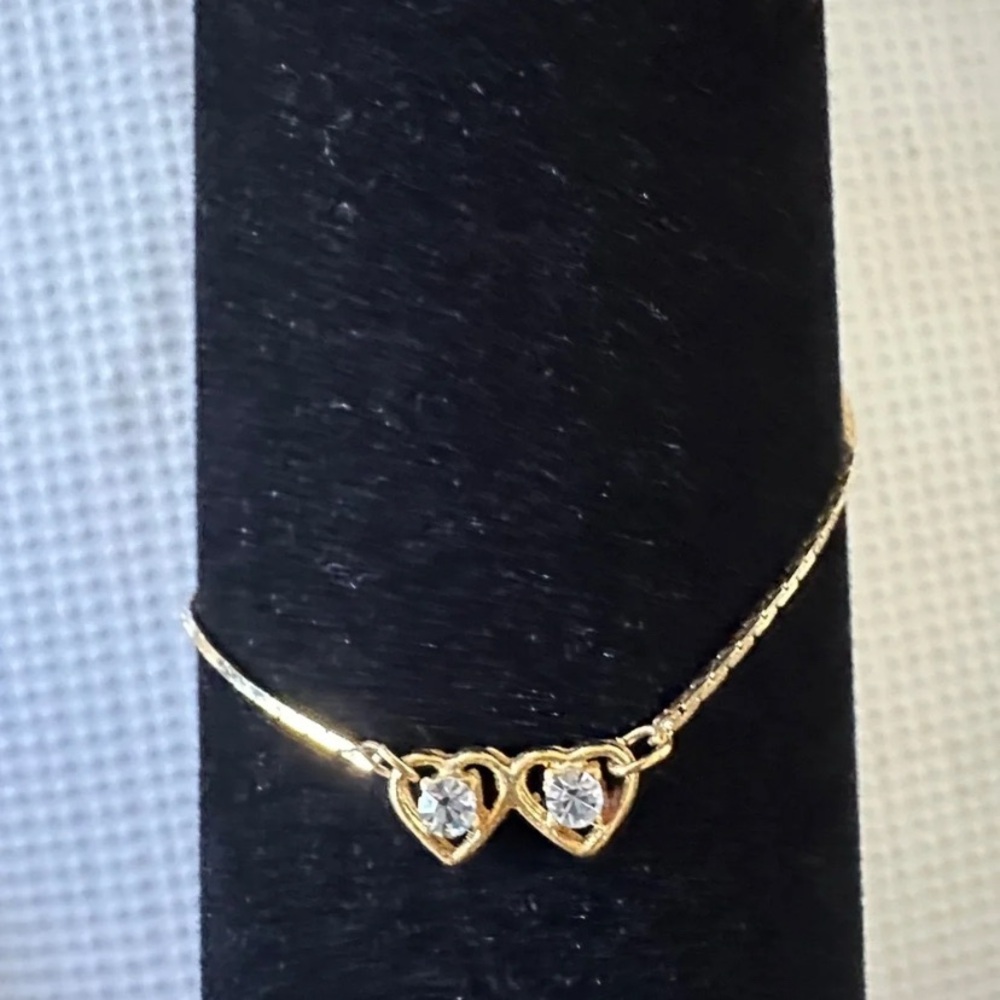 Gold Double Heart Pendant Necklace with Crystal Accents - Women Jewelry
